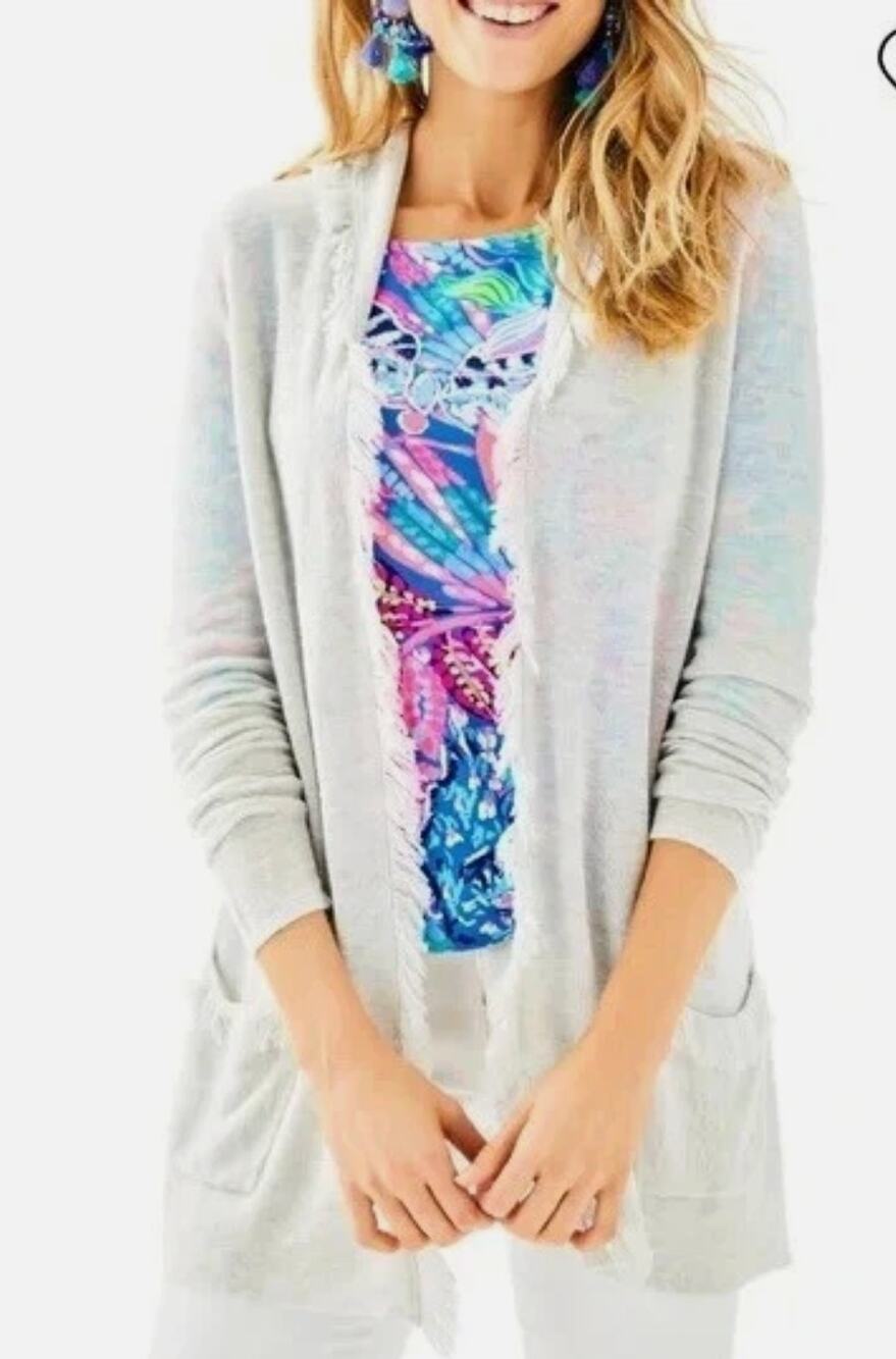 Lilly Pulitzer Gray Bridget Open Cardigan with Fringe Trim Women’s Small
